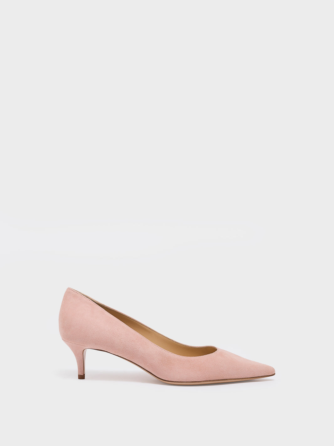 Profile view of a blush leopard silk kitten stiletto heel pump with a pointed toe.