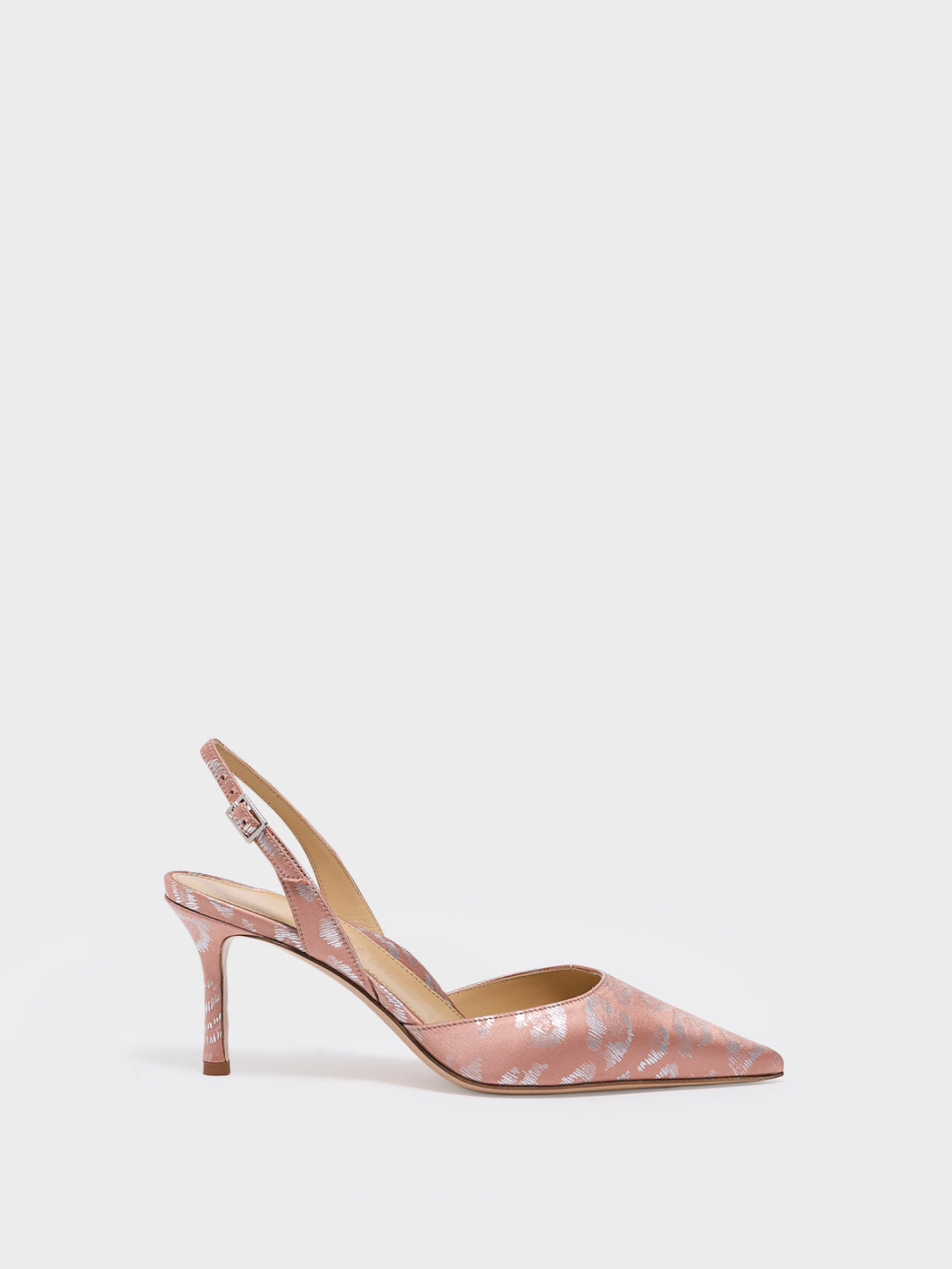 Profile view of a blush leopard silk slingback  heel with a pointed toe.