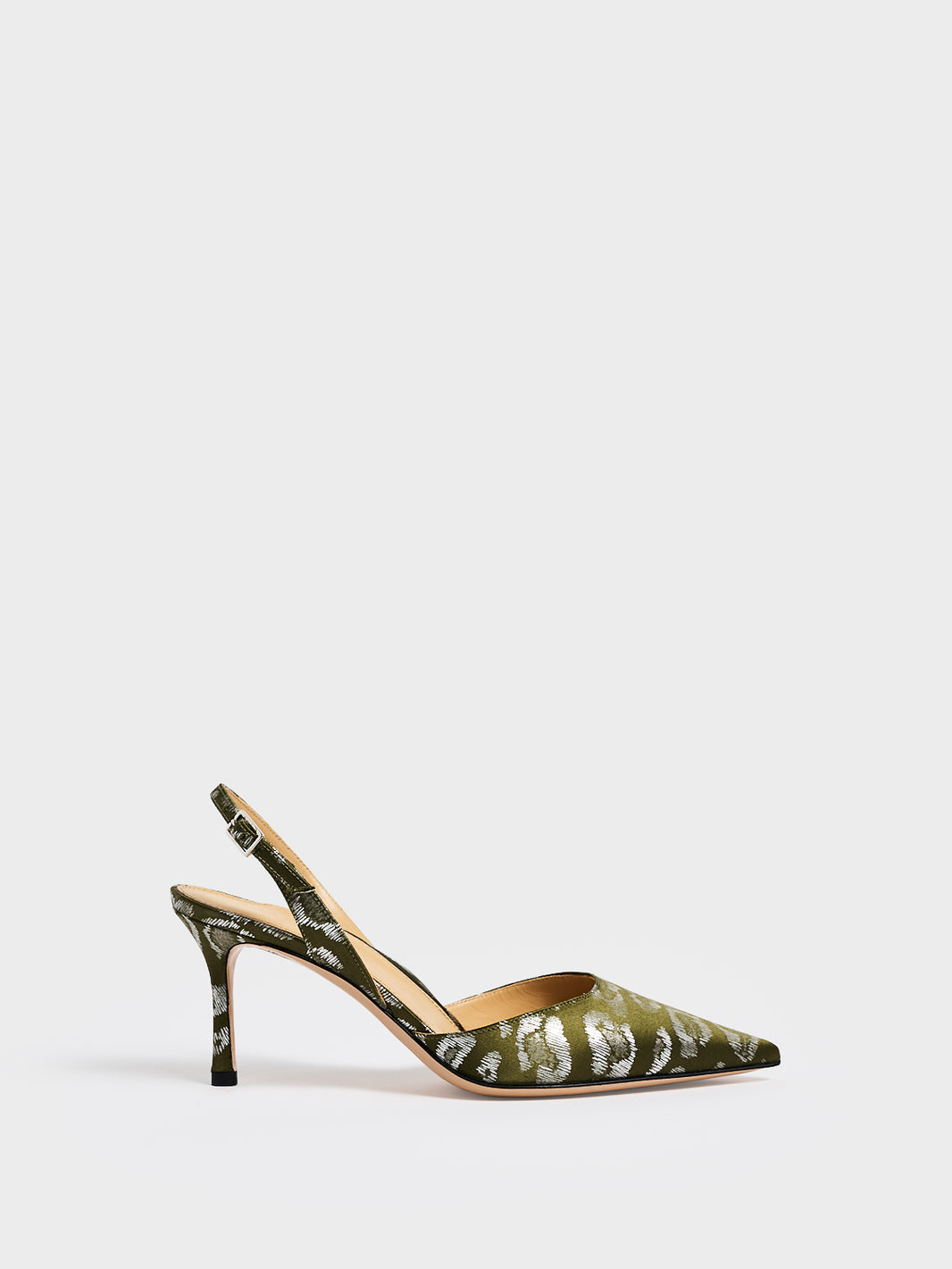 Profile view of a olive green leopard silk slingback  heel with a pointed toe.