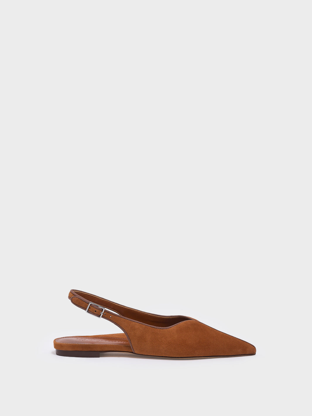 Profile view of a chestnut suede slingback flat with a grosgrain trim detail.